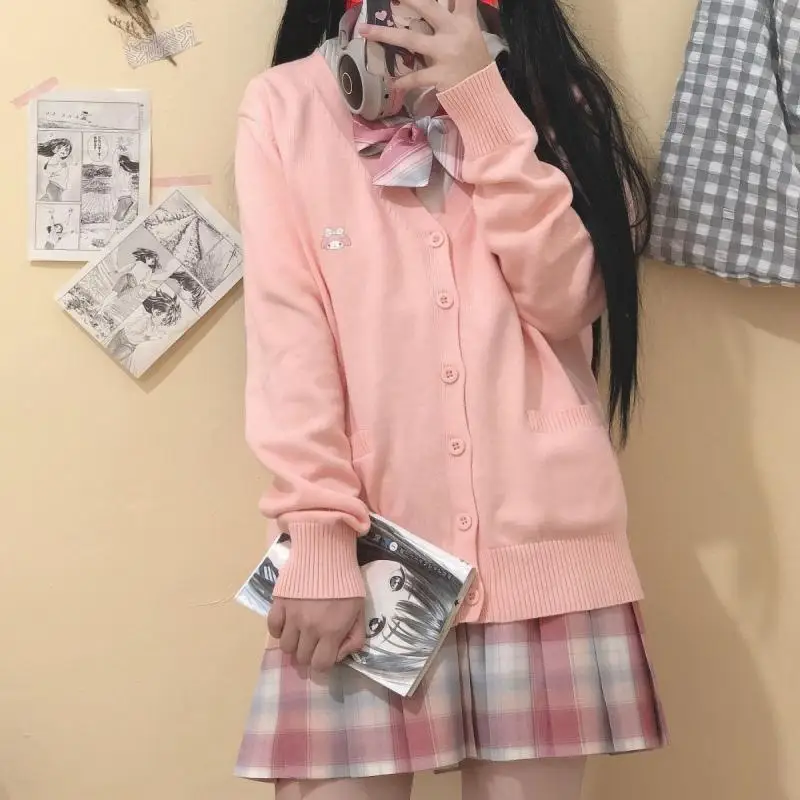 

New Kawaii Cute Sanrio Mymelody Cardigan Sweater Overcoat V-Neck Jk Basic Models Cotton Cute Girl Christmas Gift For Girlfriend