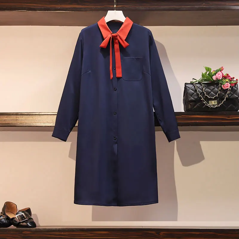 

Spring Autumn Oversizes Woman Chiffon Turn-down Collar New Fashion Pocket Button Long Sleeves Loose Dresses Female
