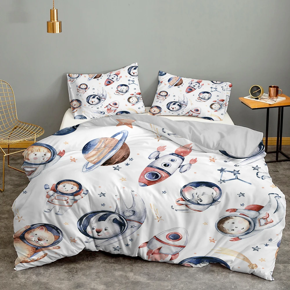 

Cute Planet Bedding Set Space Duvet Quilt Cover Moon Star Astronaut Print For Kids Boys Single King Twin Double Size 240x220