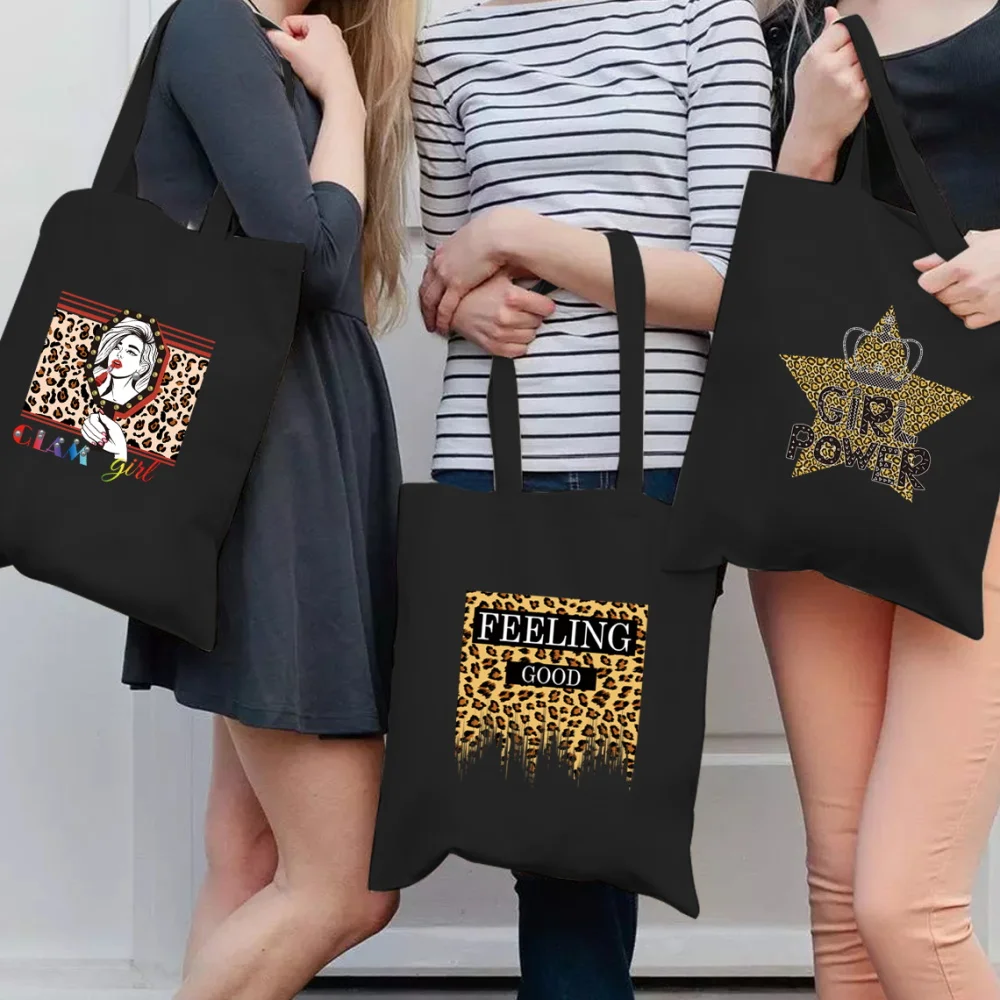 

Shopping Bag Y2k Kawaii Tote Bag Eco Canvas Leopard Print Shopper Shoulder Bag Women Handbag Casual Portable Travel Sundries Bag