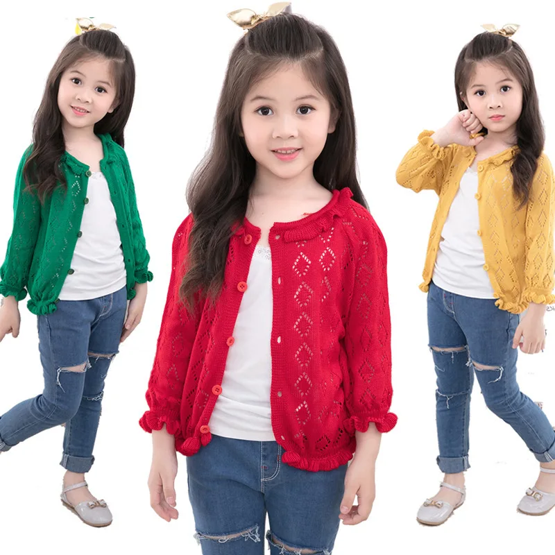 

Spring Autumn Girls Hollow Out Ruffles Ruched Cardigan Sweater Colors Baby Girls Preppy Style ThinKnitted Sweaters Girl Cardigan
