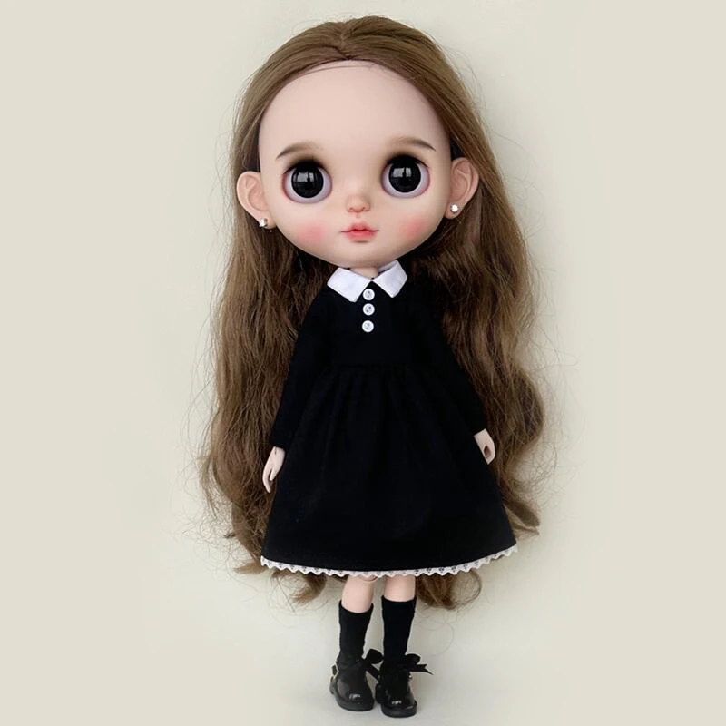 New Arrival Handmade Blythe Clothes Round Neck Long Sleeve Black Dress for Barbie Blyth OB24 Azone 1/6 Doll Accessories