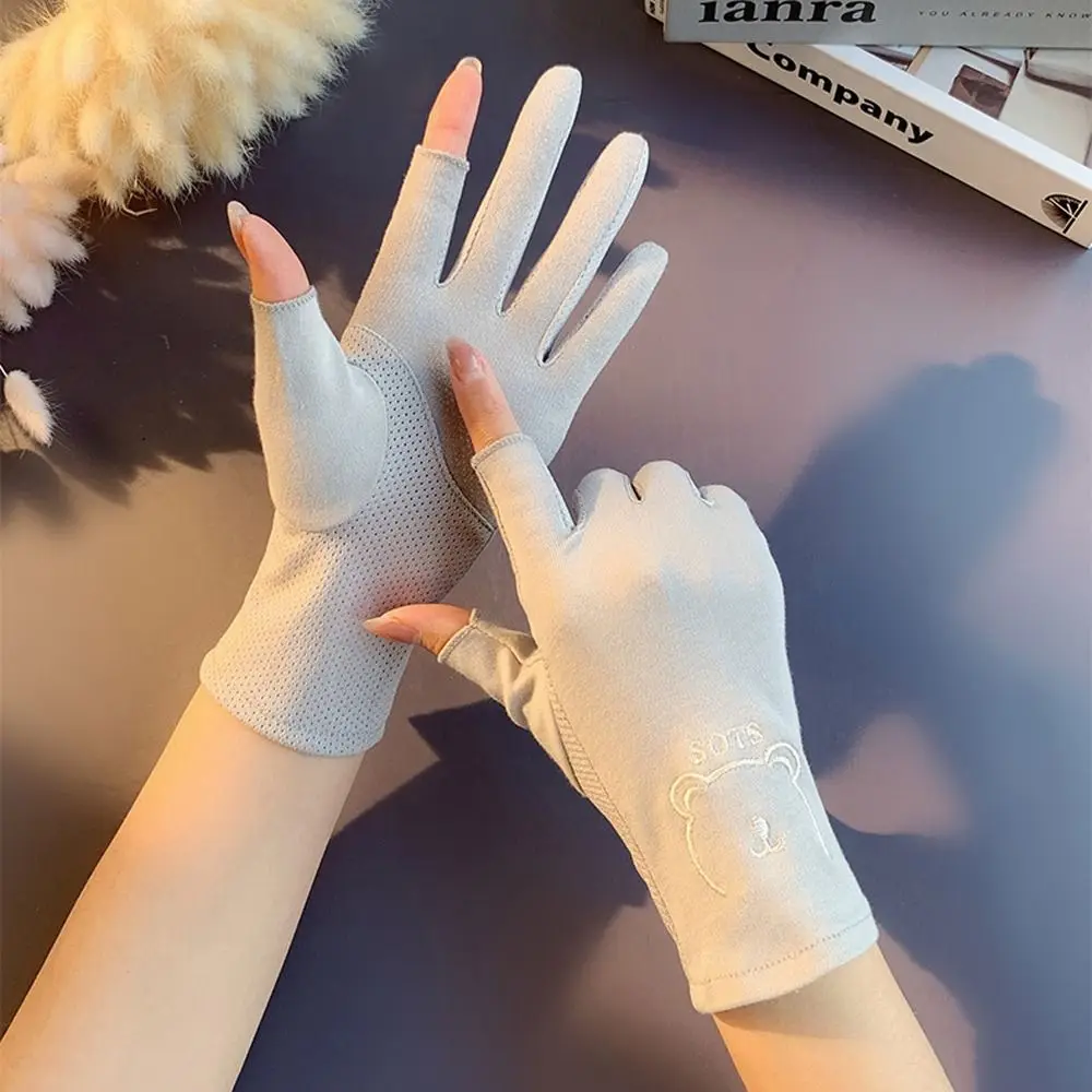 

Перчатки с пятью пальцами, сетчатые перчатки для вождения, Хлопковые женские тонкие перчатки с надписью, перчатки для сенсорного экрана, летние солнцезащитные перчатки с медведем