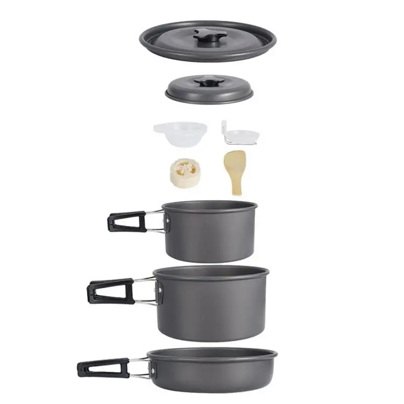 

Camping Pot Pan Set 3-4 People Non-Stick Camping Pots Curved Folding Handle Outdoor Mess Kit Backpacking Durable With Utensils