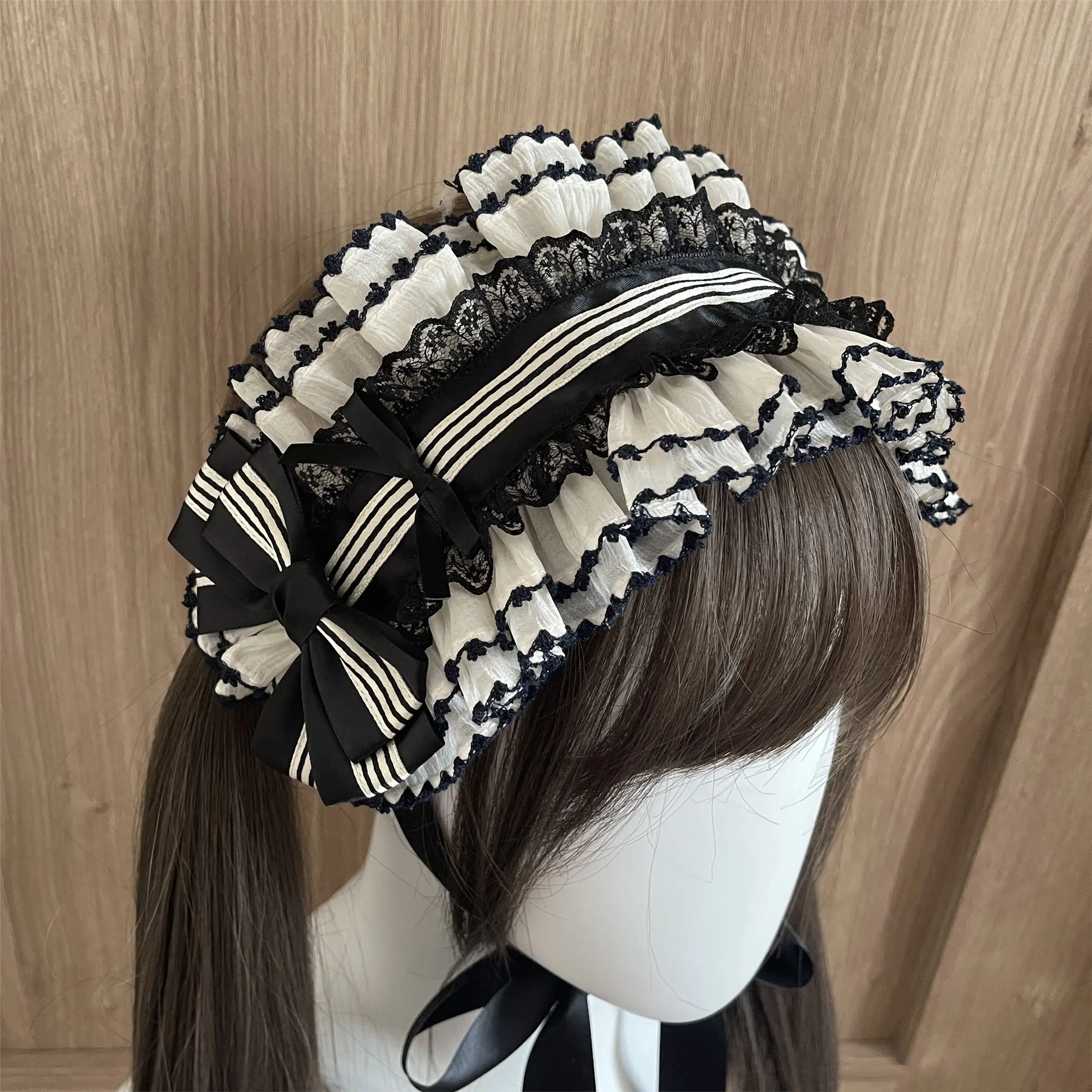 Оригинальная повязка для волос Coalfell Lolita, черно-бежевая, элегантная, в полоску, с кружевом и бантом, ручной работы, милые аксессуары в стиле Лолита (art.: 3920daa920ca4) - 3920daa920ca4