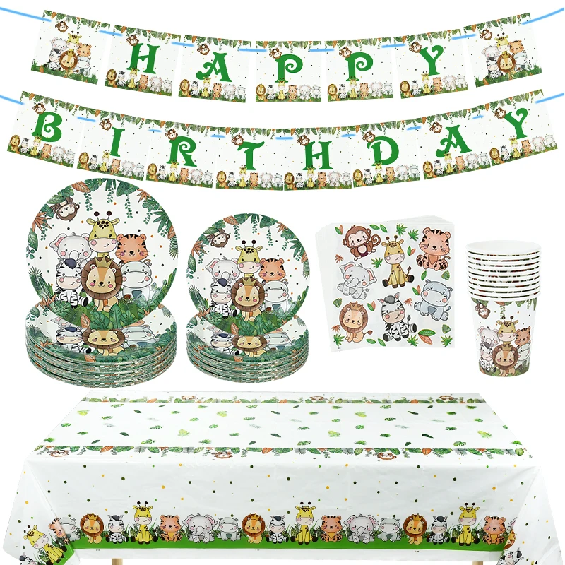 

1set Jungle Zoo Theme Party Disposable Tableware Birthday Party Baby Bath Happy Birthday Banner Plates Cups Napkins Tablecloth