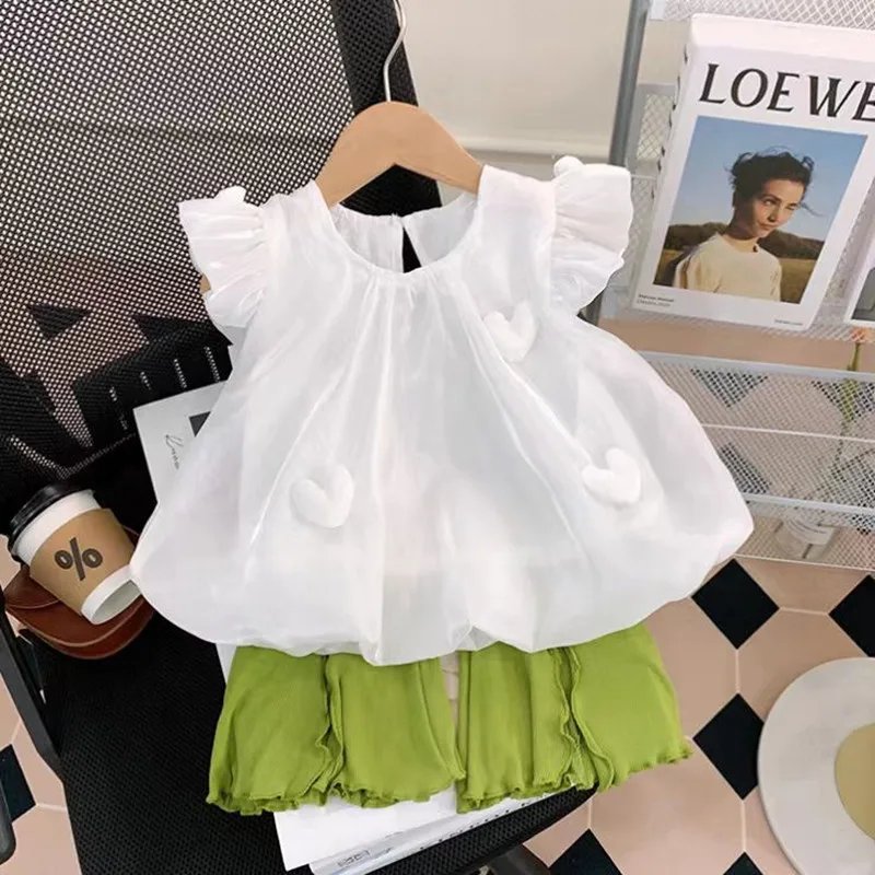 Girls White Short Sleeve Bubble Sleeve T-shirt 2023 New Summer Casual Top Girl Baby Doll Neck Shirt Korean Version T-shirt
