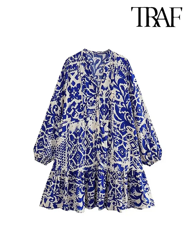 

TRAF 2023 Women Vintage V Neck Totem Floral Print Button Loose Mini Shirt Dress Female Chic Long Sleeve Pleats Vestidos