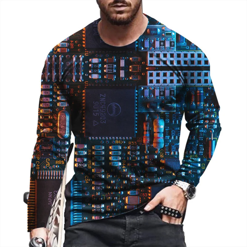 

Long Sleeve Men's T-Shirt 3d Circuit Board Printi Hip Hop T-Shirts For Men Street Clothing Round Neck Head Pullover Tees Tops
