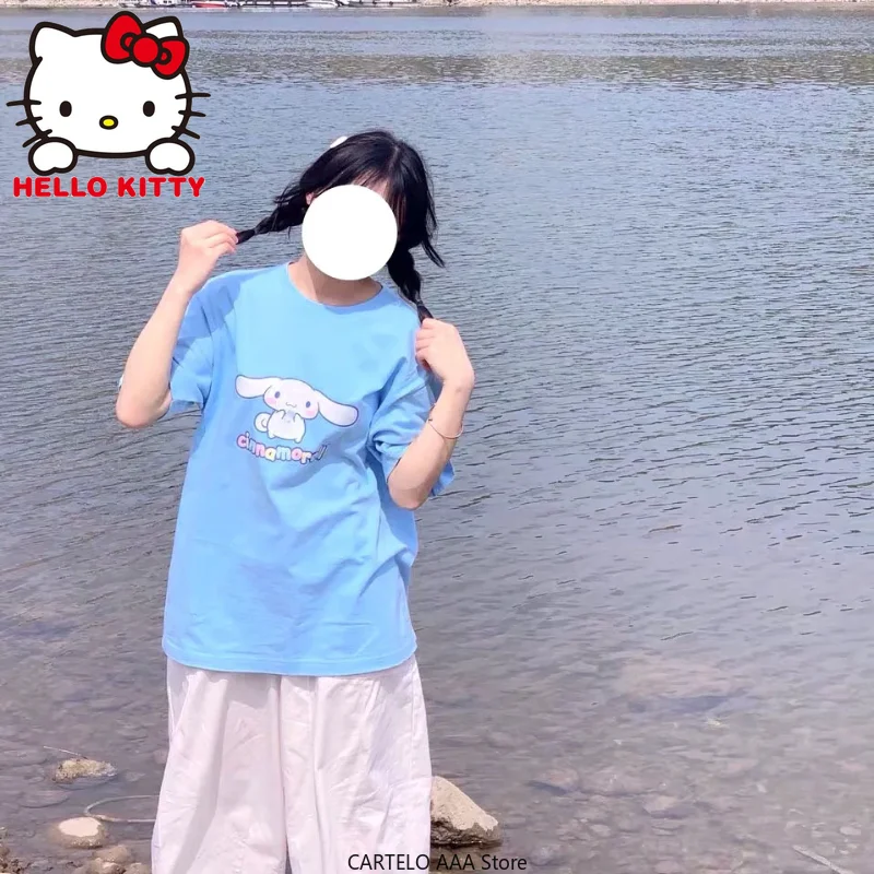 

Sanrio Kawaii Hello Kitty рубашка Y2k Cinnamoroll аниме принт с коротким рукавом Футболка Студенческая Повседневная футболка Женские футболки Свободный Топ подарок