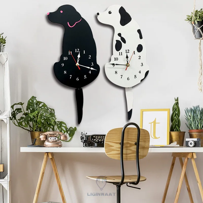 

New Cute Wagging Tail Cat Dog Design Wall Clock Kids Bedroom Wall Decoration Unique Gift Creative Cartoon Mute DIY Wall Clocks