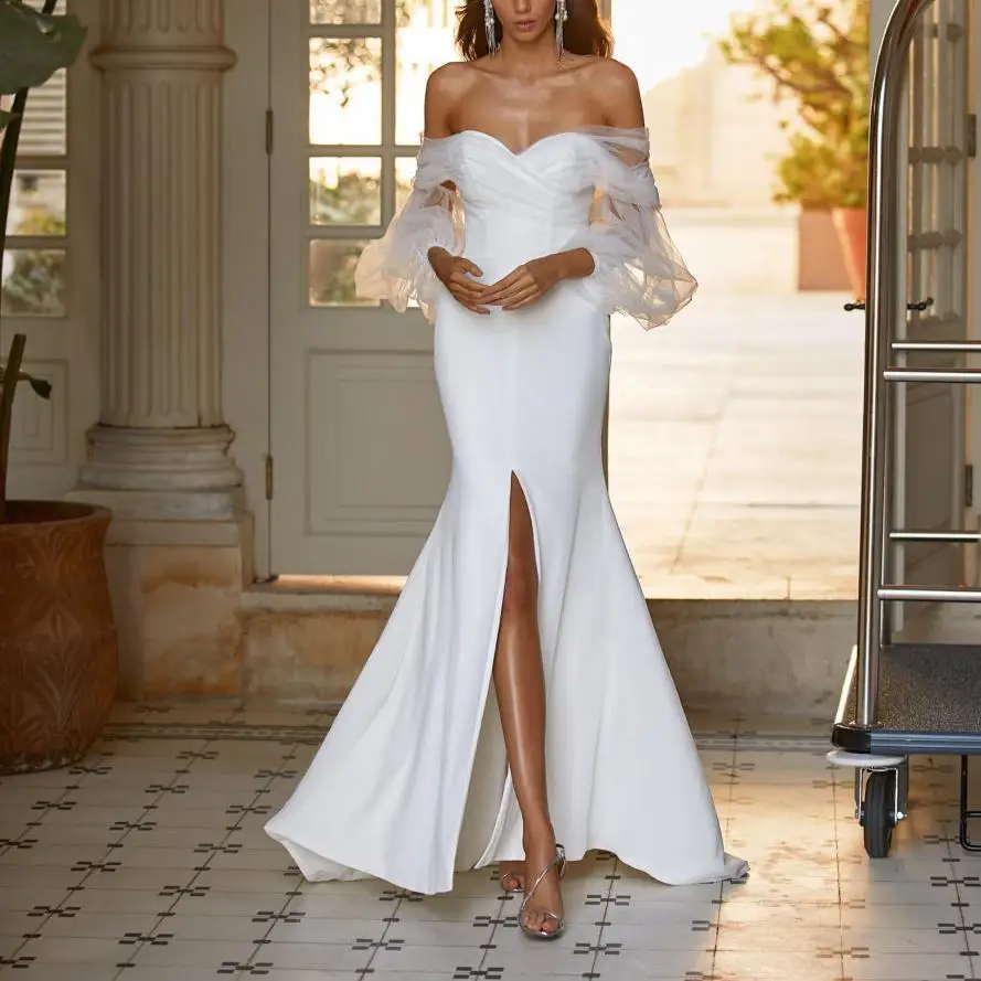

CFED-123 2022Y New Design Tulle Slash Neck Elegant Long Dress Prom Dress Sexy White Split Evening Dress