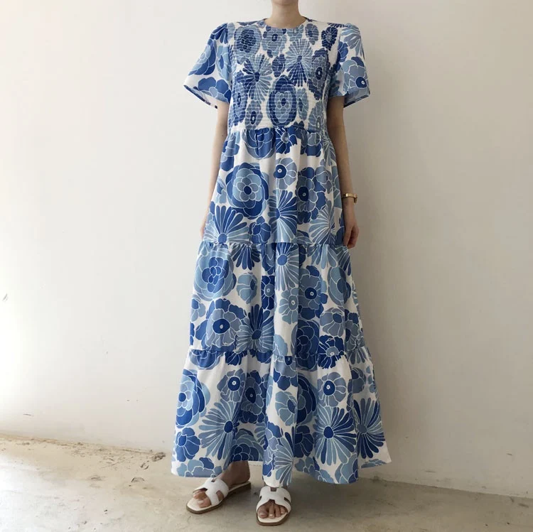 

SuperAen 2022 Summer Loose Print O-Neck Puff Sleeve A-LINE Casual Printing Woman Dress