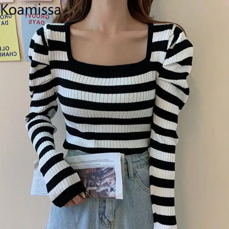 

Koamissa Women Knitted Pullovers Long Sleeves Square Collar Female Slim Spring Autumn T-shirt Lady All Mtach Korean Chic Tops