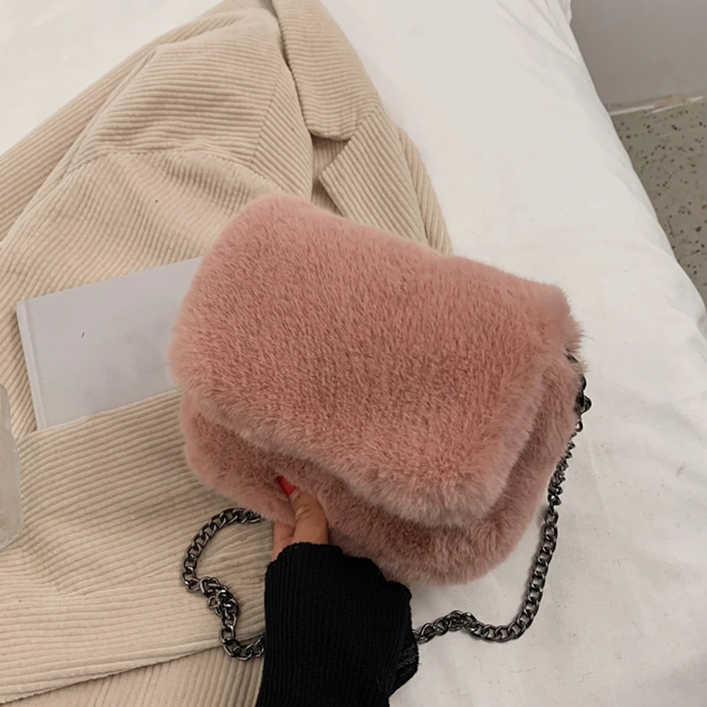 

Women Fashion Plush Shoulder Bag Solid Color Crossbody Bags Autumn Winter Chain Small Square Bags