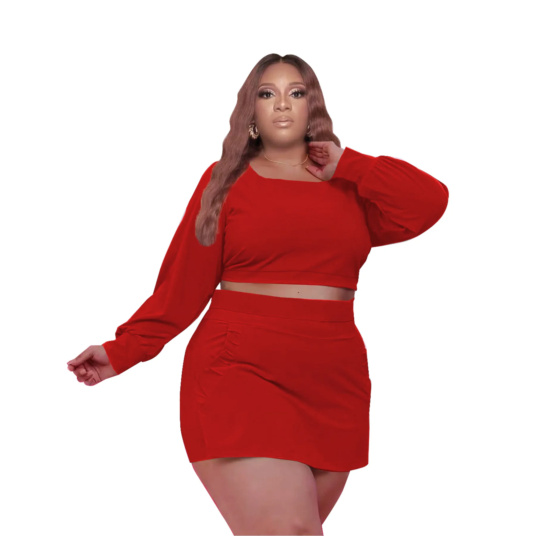 Plus Size Dresses Solid Color Long Sleeve Square Neck Sexy Culottes Sexy Two Piece Set Women Office Lady for Vestidos Slim Fit