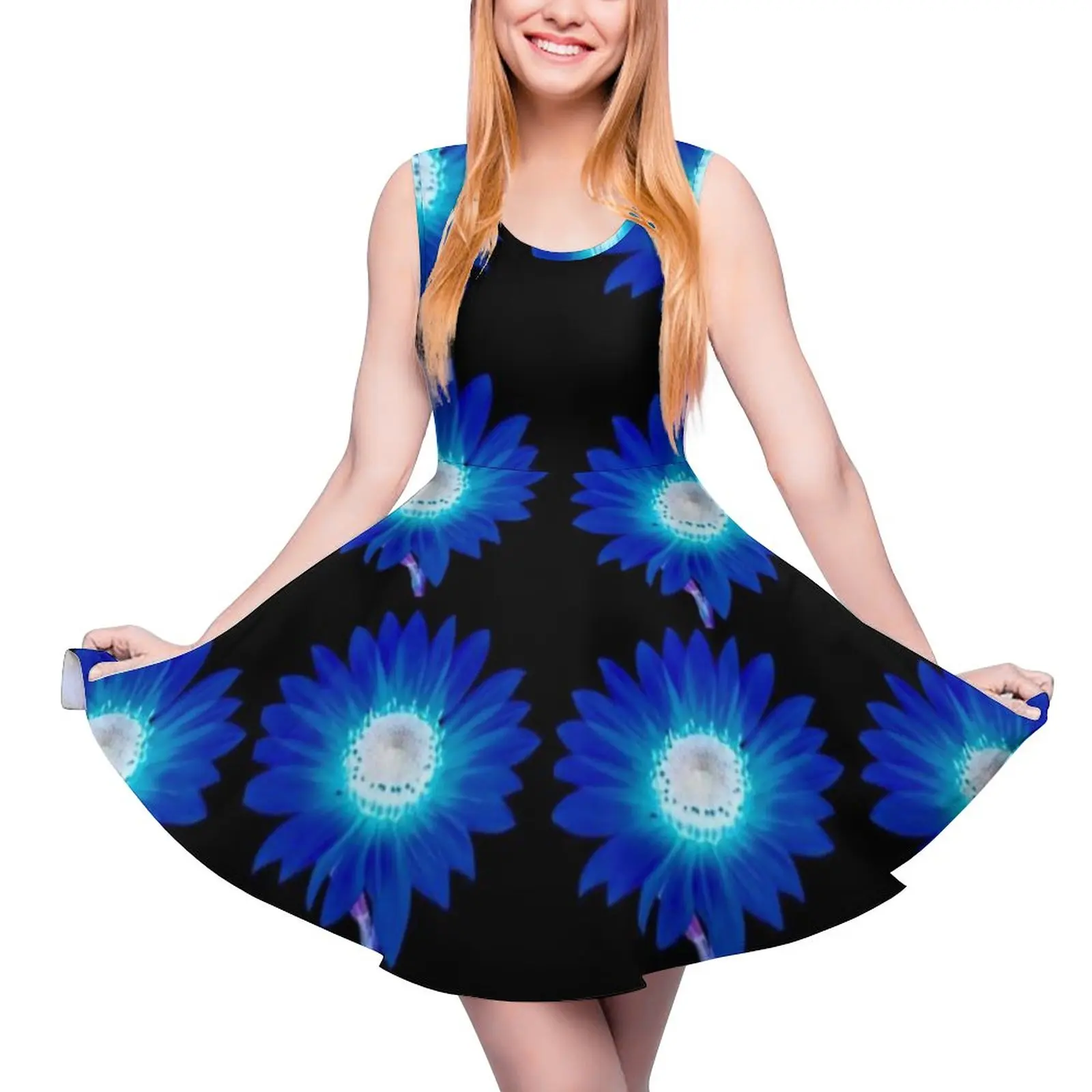 

Женское Повседневное платье без рукавов, синее платье с принтом подсолнухов