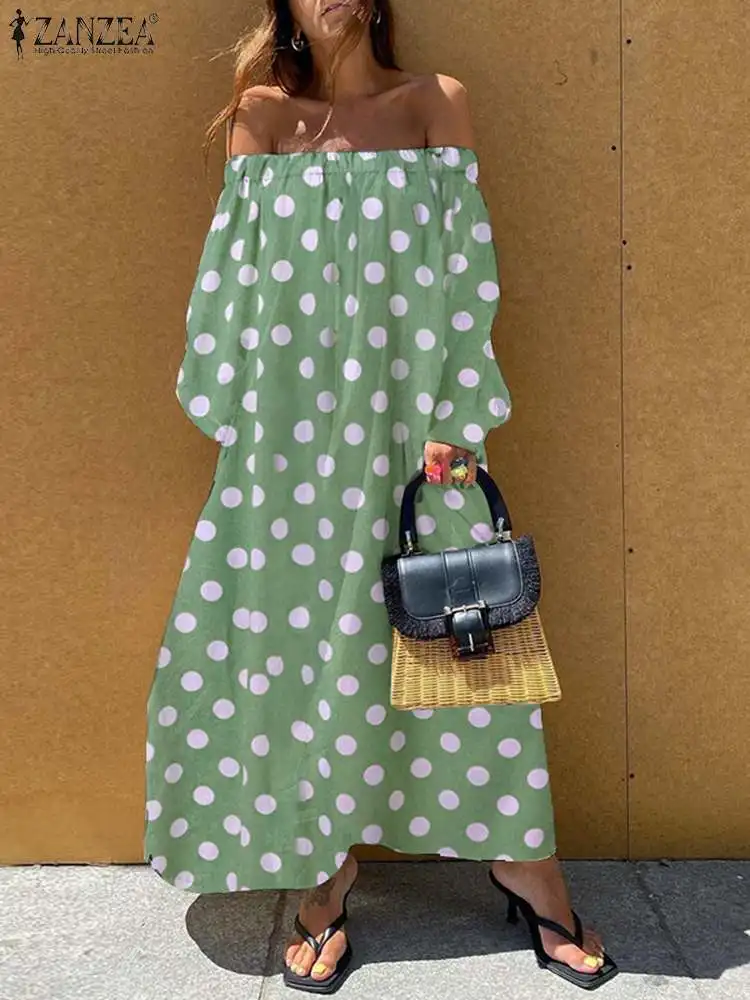 

Women Party Holiday Elegant Maxi Robe Longue Casual Beach Polka Dot Baggy Long Dresses 2022 Fashion Bohemian Off Shoulder Dress