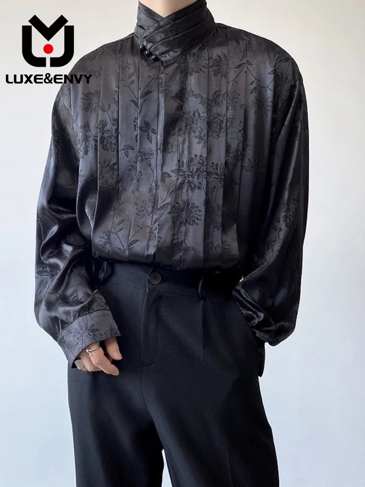 

Мужская атласная рубашка люкс & ENVY, плиссированная рубашка с воротником-стойкой и длинными рукавами, модный однотонный топ для осени, 2023
