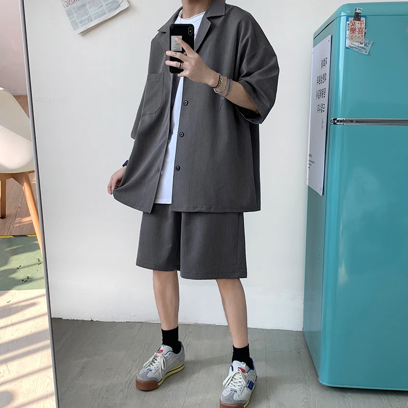2022 Korean Style Men Set Suit Jacket and Shorts Solid Thin Short Sleeve Top Matching Bottoms Summer Fashion Clothing Summer
