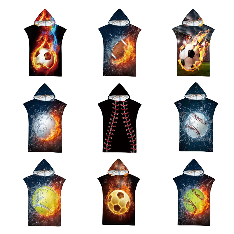 

Microfiber Sports Ball Printed Hooded Beach Towel for Adults Quick Dry Swimming Pool Poncho Towel With Cloak Bathrobe Fitness