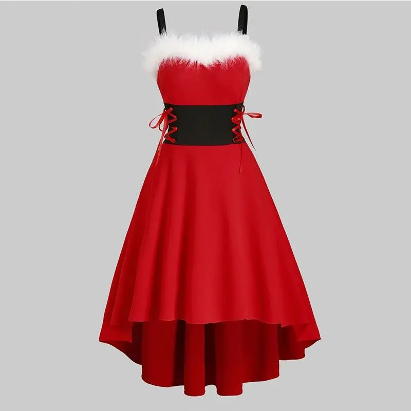 

Christmas Dress Women Autumn Sleeveless Spaghetti Strap Shoulder Straps Waist Tight High Low Hem Party Dress Christmas Costume