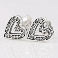 authentic 925 sterling silver sparkling freehand heart with crystal stud earrings for women wedding gift pandora jewelry