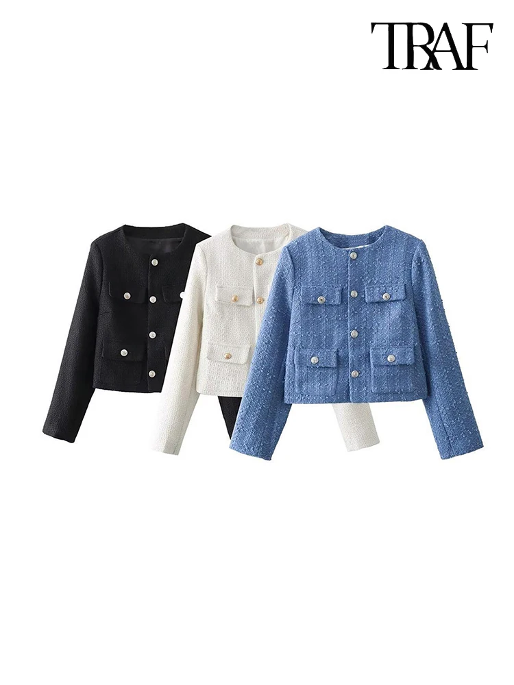 Traf Женская Текстурированная Однобортная Куртка С Круглым Вырезом И Несколькими