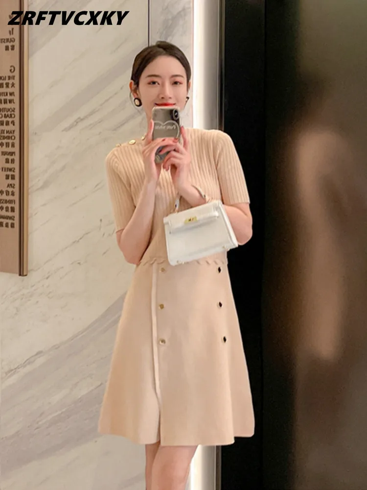 

Hepburn Vintage Knitting Dresses 2022 New Summer Elegant O-Collar Short Sleeve Designer Double Breasted Simple A-Line Dress