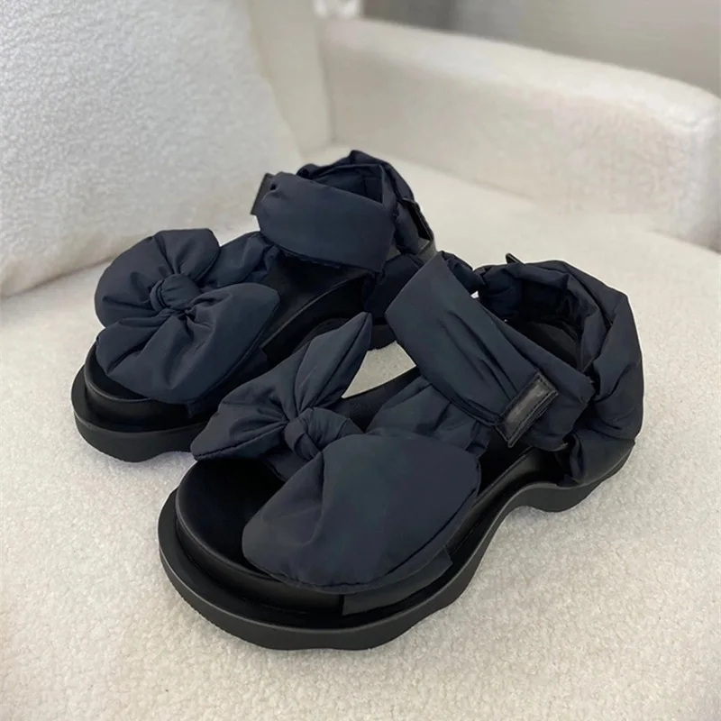 

Jenny&Dave Ins Fashion Blogger Bow Sandals Summer Retro Thick Bottom Open Toe Casual Roman Women's Flat Shoes Girls