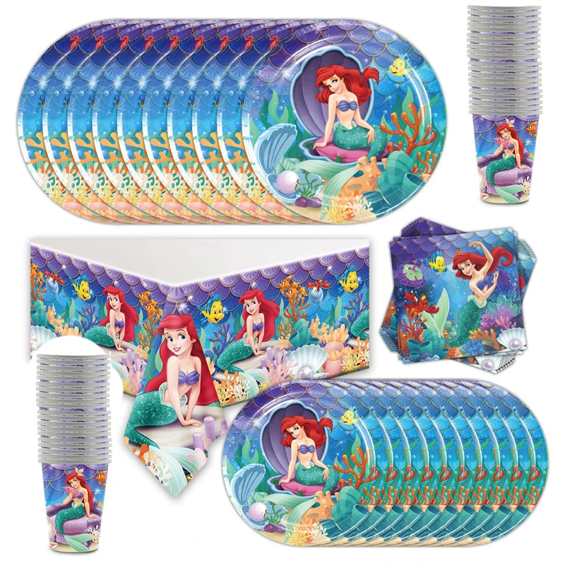 

61pcs/lot Mermaid Theme Tablecloth Happy Birthday Party Plates Cups Dishes Decoration Baby Shower Napkins Towels