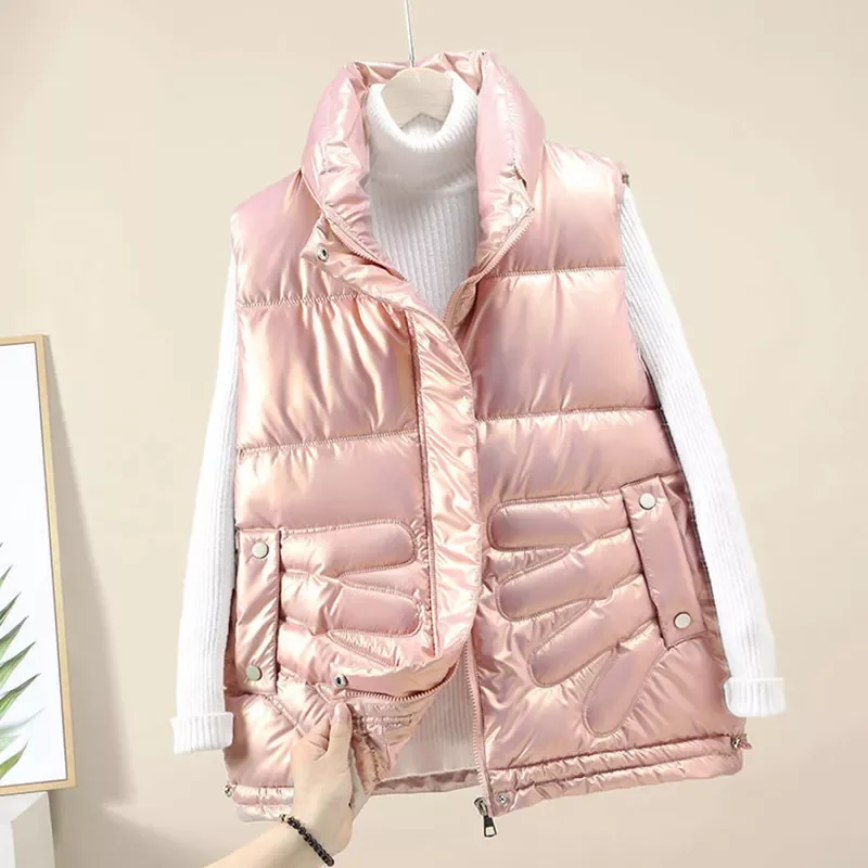 

Новинка 2021, Женский Блестящий пуховой водонепроницаемый жилет, Зимний новый свободный плотный жилет, куртка с воротником-стойкой, универса...