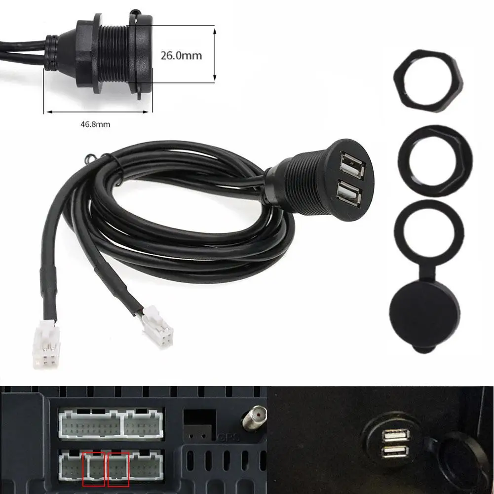 Фото Автомобильная приборная панель, двухпортовый USB-кабель для модификации, 120 см, автомобильная приборная панель, два USB-порта, панель, автомобильный лодка, GPS, 4IN, 6-контактный кабель-адаптер №5