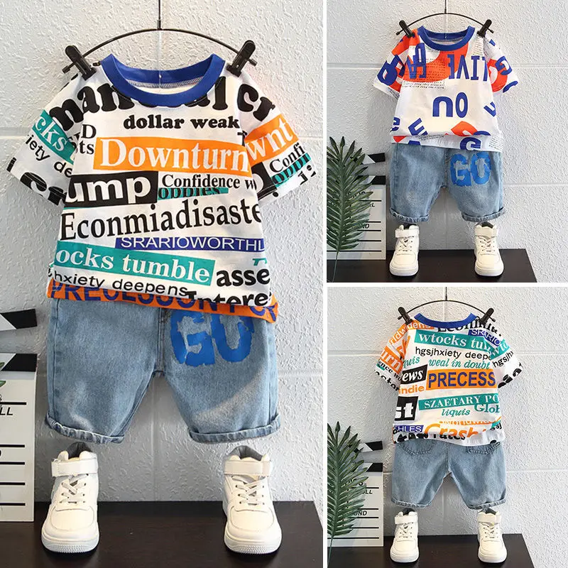 Children's Summer Suit 2022 New Arrival  Western Style Fried Street Short Sleeve T-shirt Boy Korean Style Denim Two-Piece Suit