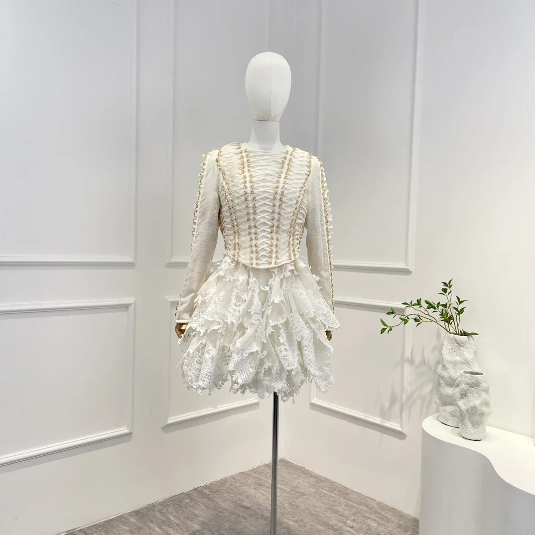 

2023 Top Quality Linen Silk Beige Hook Flower Hollow Lace Pachwork Free Ruffle Cross Court Mini Dresses for Women