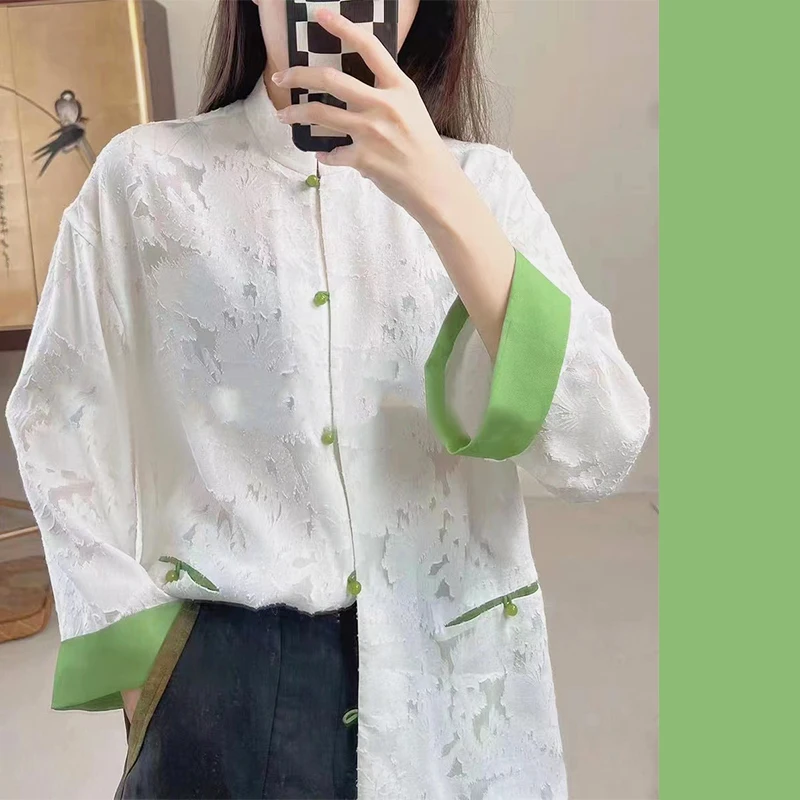 

Жаккардовая однобортная куртка из шелка тутового шелкопряда, модная китайская рубашка контрастных цветов с длинным рукавом для молодых же...