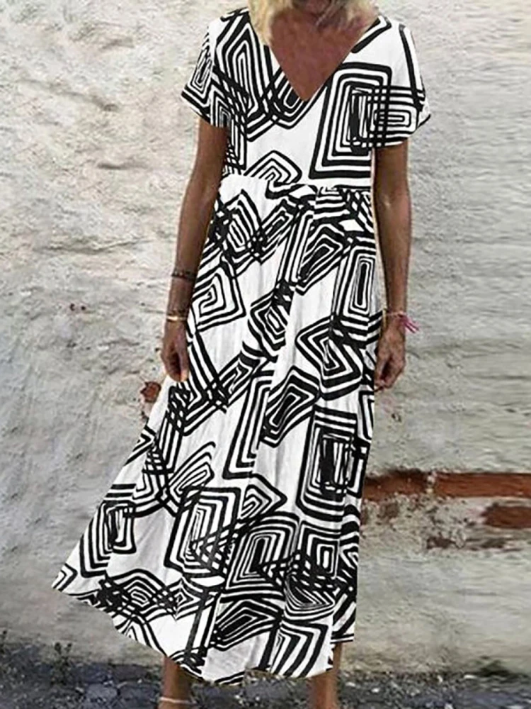

2022 Summer Short Sleeve Patchwork Long Dress Casual Women Vintage Print A Line Dress Elegant Ladies V Neck Loose Dress Vestidos
