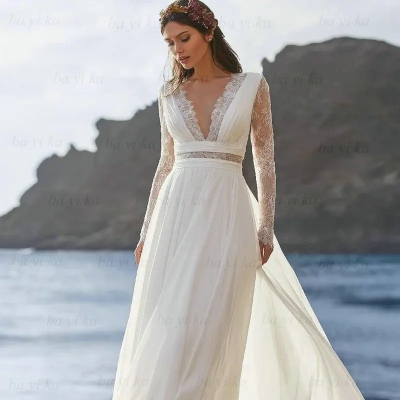 Chiffon For Women 2022 Backless Wedding Dress Vestido de novia Illusion V-Neck Long Sleeve Lace Beach Bride Gowns Robe De Mariee images - 6