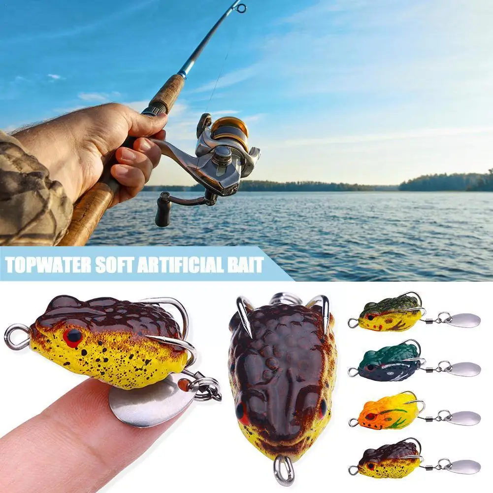 

Topwater Frog Lure Bass Trout Fishing Lures Realistic Prop Frog Soft Swimbait Floating Bait with Weedless Hooks for Freshwa B3H0