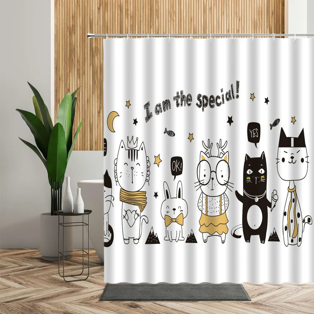 

Cute Animal Shower Curtain Set Cat Dog Anime Printed Bathroom Decor 3D Waterproof Bath Fabric Home Curtains For Children