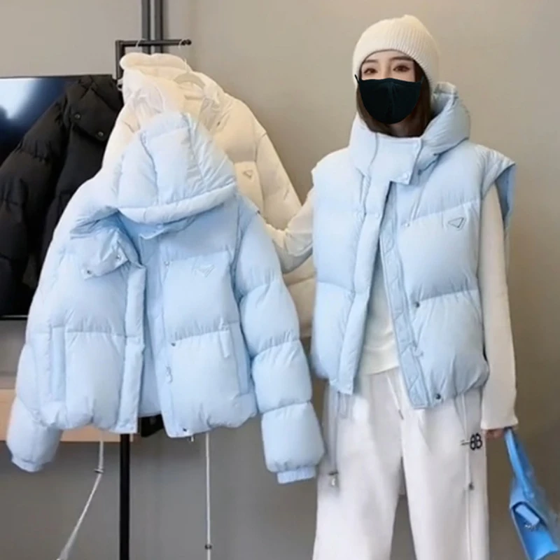 z lamówkę puchową dla kobiet odpinany podwójny rękaw kurtka kapturem etykieta trójkątna płaszcz parka zima nowość 2024
