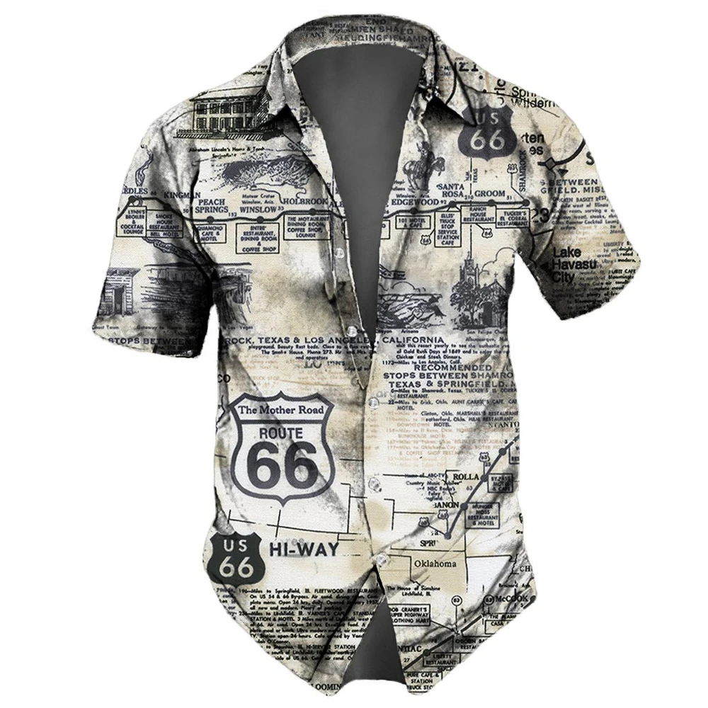 

Vintage Men's Shirts Route 66 Print Short Sleeve Tops Summer Clothing American Landmarks Pattern Shirt Oversized Tees Streetwear