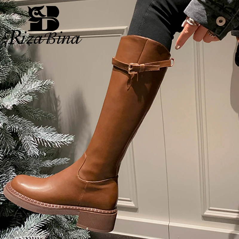 

RIZABINA 2023 New Trend Women'S Knee Boots Real Leather Winter Women'S Shoes Fashion Buckle Female Long Boot Footwear Size 34-39