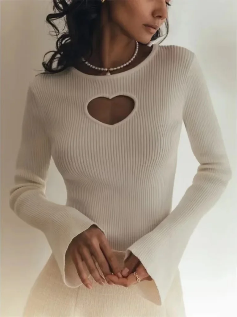 

Женский трикотажный свитер в рубчик, однотонный облегающий пуловер с круглым вырезом и расклешенными рукавами в форме сердца, Повседневная модная трикотажная одежда, 2023
