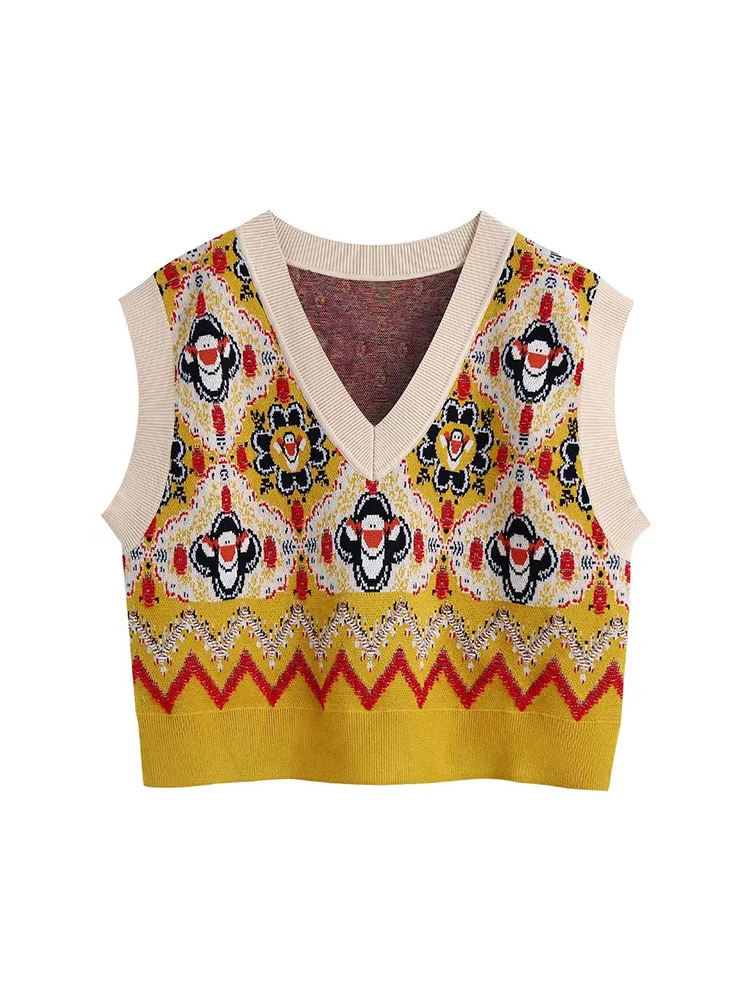 

Женский укороченный вязаный жилет Willshela, винтажный укороченный топ без рукавов с v-образным вырезом и принтом
