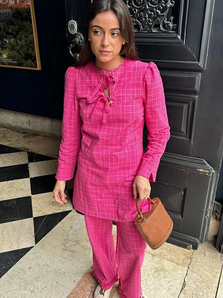 2025 женские элегантные клетчатые комплекты с широкими брюками и оборками модные