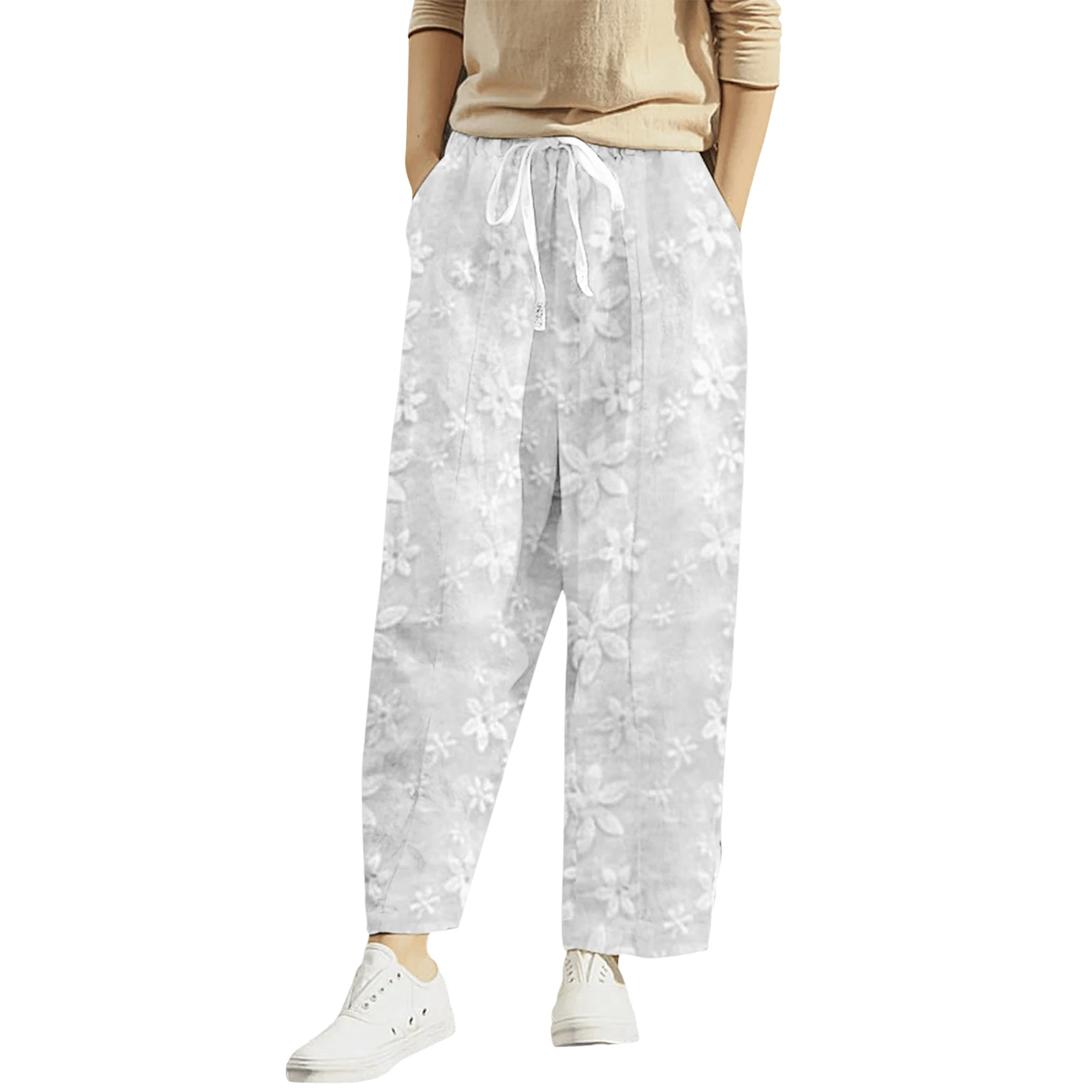 

Tie Up Floral Embroidered Summer Long Pants Solid Color Women Casual Pencil Pants Cotton Linen Elastic Waisted Vacation Outfit