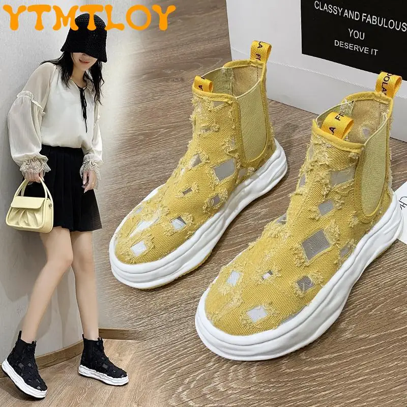 

High-top Canvas Shoes Female 2021 Summer New Korean Fashion Hollow Breathable Dissolving Thick-soled Casual Sports Beggar Shoes