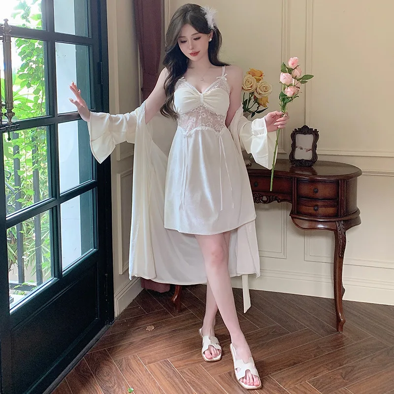 Комплект женский велюровый кружевной из 2 предметов халатный халат-кимоно одежда