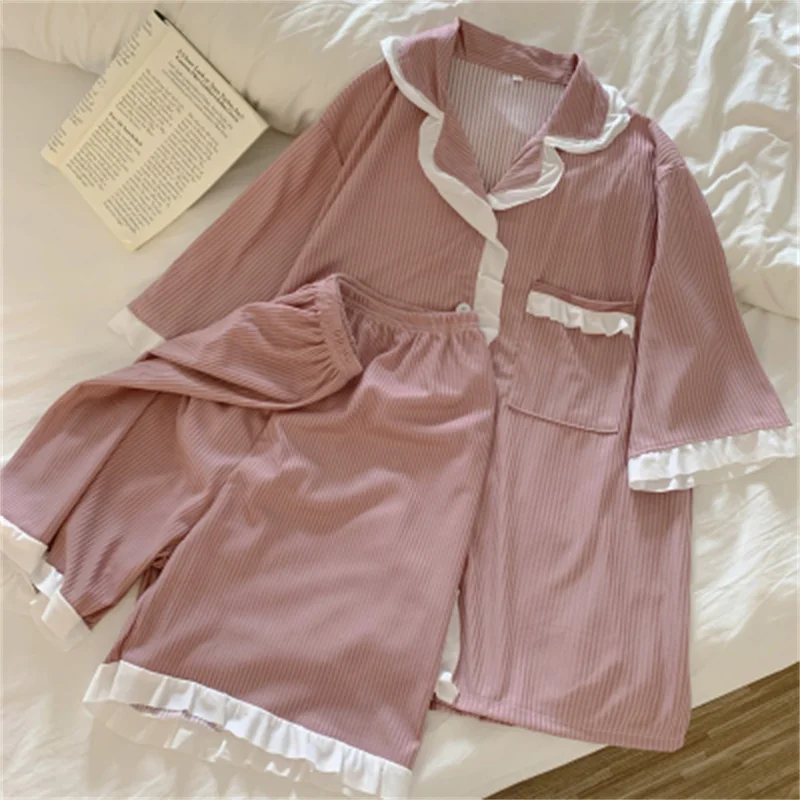 Cartoon Pajamas Set Casual Sweet Sleepwear For Women Pink Elastic Pyjama Women's Fashion Short Cute Homewear Clothes Big Size